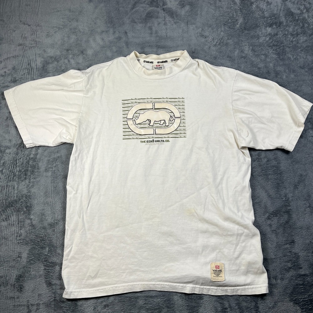 Vintage Ecko Unltd. The Classic Tee Shirt Mens L Beige Rhino Graphic Crew Neck